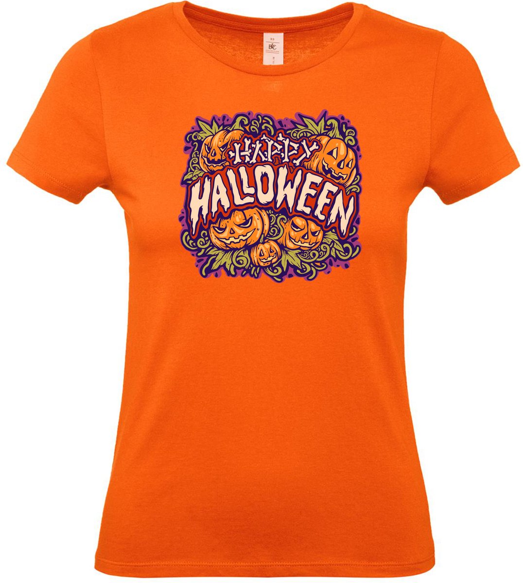 Dames t-shirt Happy Halloween pompoen | Halloween kostuum kind dames heren | verkleedkleren meisje jongen | Oranje | maat XS